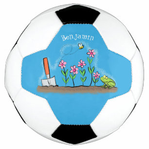 Cute frog and bee in garden cartoon illustration soccer ball