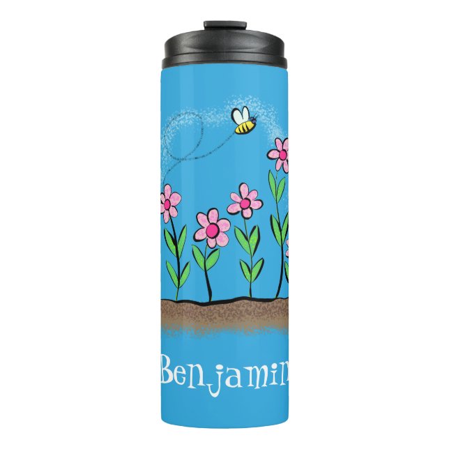 Cute frog and bee in garden cartoon illustration thermal tumbler (Front)
