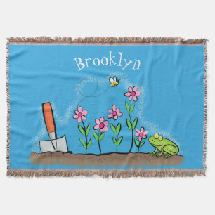 Cute frog and bee in garden cartoon illustration throw blanket