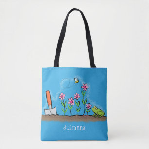 Cute frog and bee in garden cartoon illustration tote bag