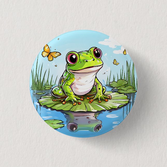 Cute Frog and Butterflies on Lily Pad 3 Cm Round Badge (Front)