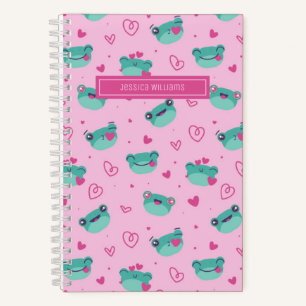 Cute Frog and Doodle Heart Pattern Girly Pink Notebook