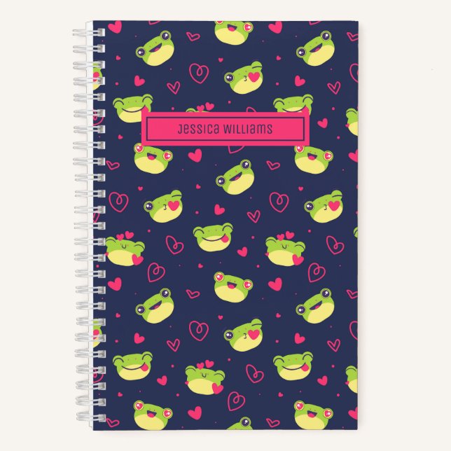 Cute Frog and Doodle Heart Pattern Navy Blue Pink Notebook (Front)