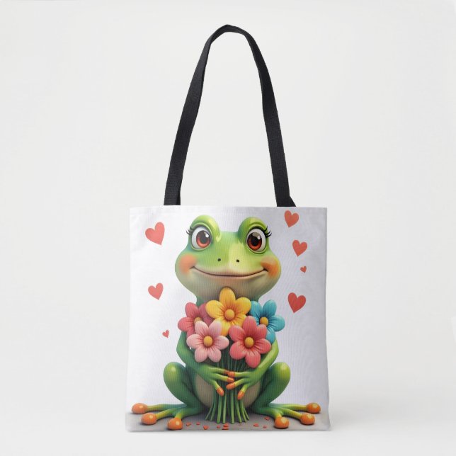 Cute Frog and Flowers Tote Bag (Front)