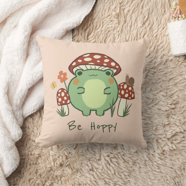 Cute Frog and Mushrooms Be Hoppy Cartoon  Cushion (Blanket)