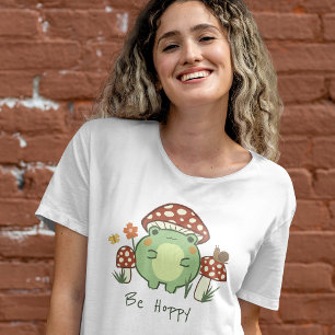 Cute Frog and Mushrooms Be Hoppy Cartoon T-Shirt