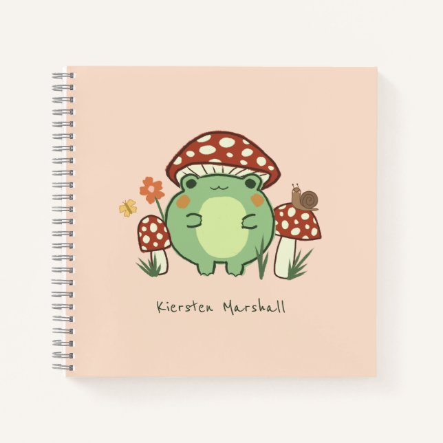 Cute Frog and Mushrooms Cartoon | Name  Notebook (Front)