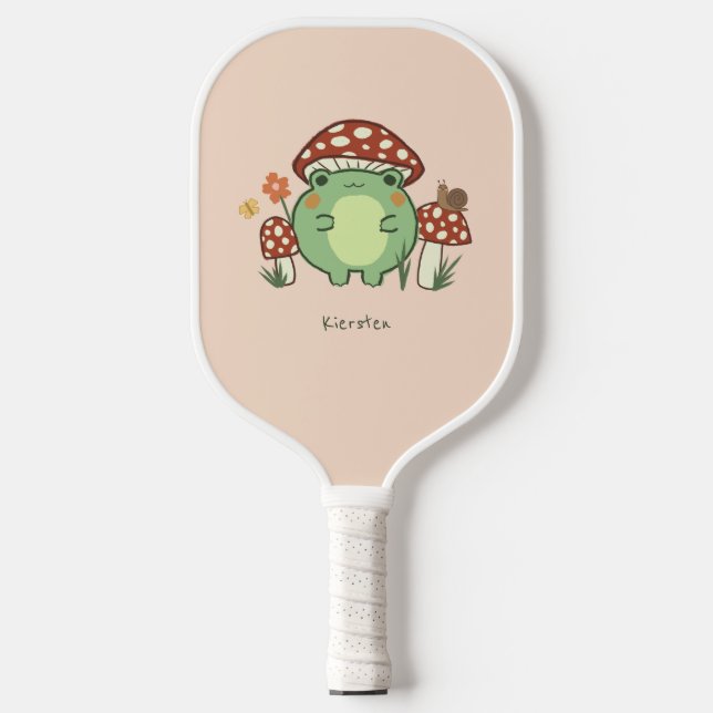 Cute Frog and Mushrooms Cartoon | Name   Pickleball Paddle (Front)
