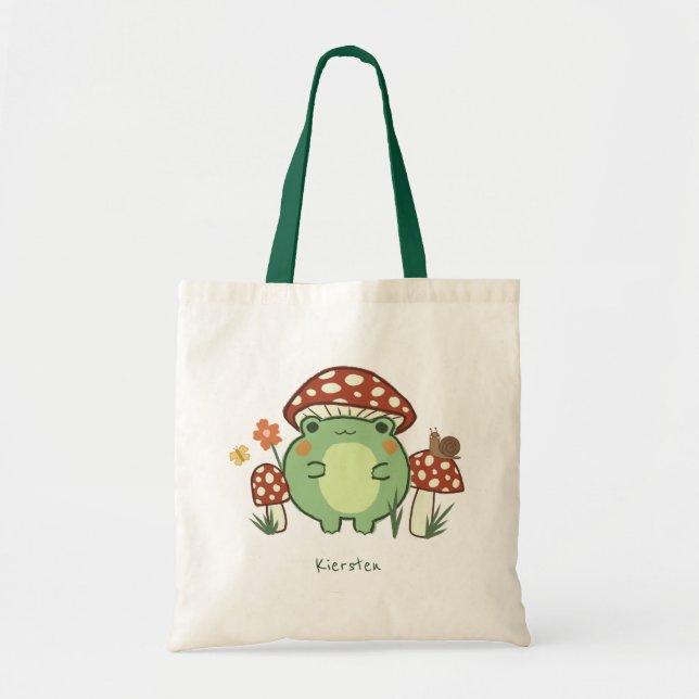 Cute Frog and Mushrooms Cartoon | Name   Tote Bag (Front)