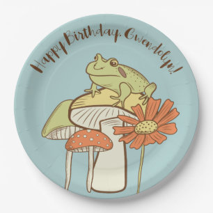 Cute Frog and Mushrooms Cottagecore Personalised Paper Plate
