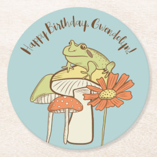 Cute Frog and Mushrooms Cottagecore Personalized Round Paper Coaster