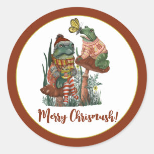Cute Frog and Toad Merry Mushroom Christmas  Class Classic Round Sticker