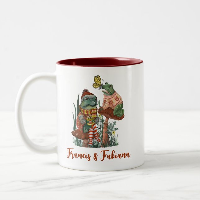 Cute Frog and Toad Merry Mushroom Merry Christmas  Two-Tone Coffee Mug (Left)