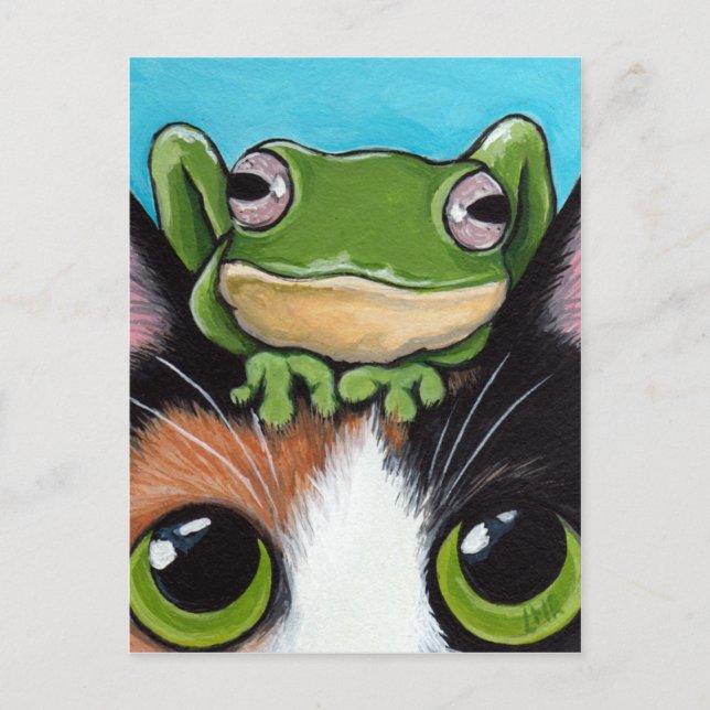 Cute Frog and Tortoiseshell Cat Postcard (Front)