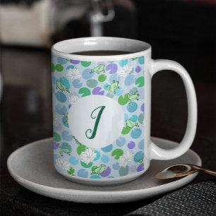Cute Frog Art Blue Waterlilies Custom Monogram Coffee Mug