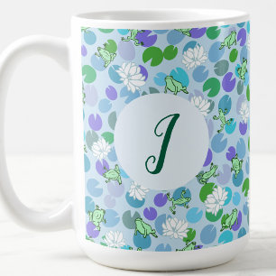 Cute Frog Art Blue Waterlilies Custom Monogram Coffee Mug