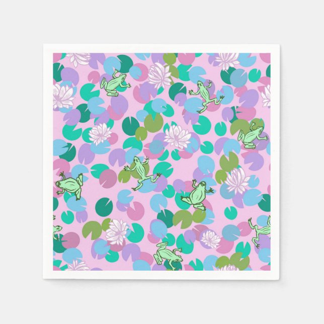Cute frog art paper napkins with pink background (Front)