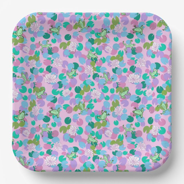 Cute frog art paper plates with pink background (Front)