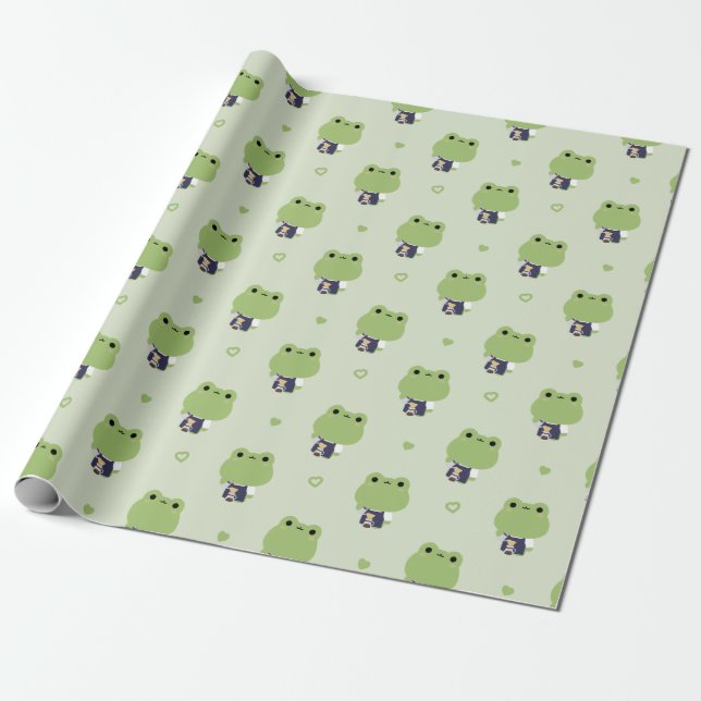 Cute Frog Barista Wrapping Paper (Unrolled)