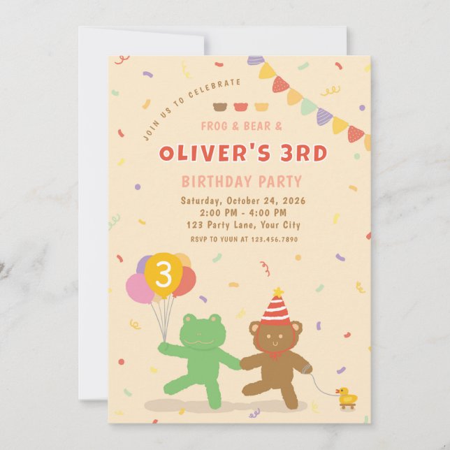 Cute Frog & Bear Birthday Party Invitation (Front)