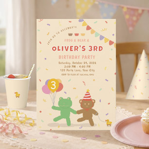 Cute Frog & Bear Birthday Party Invitation