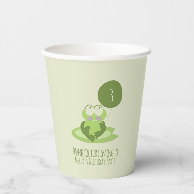 Cute Frog Birthday Green Balloon Thank You   Paper Cups (Front)