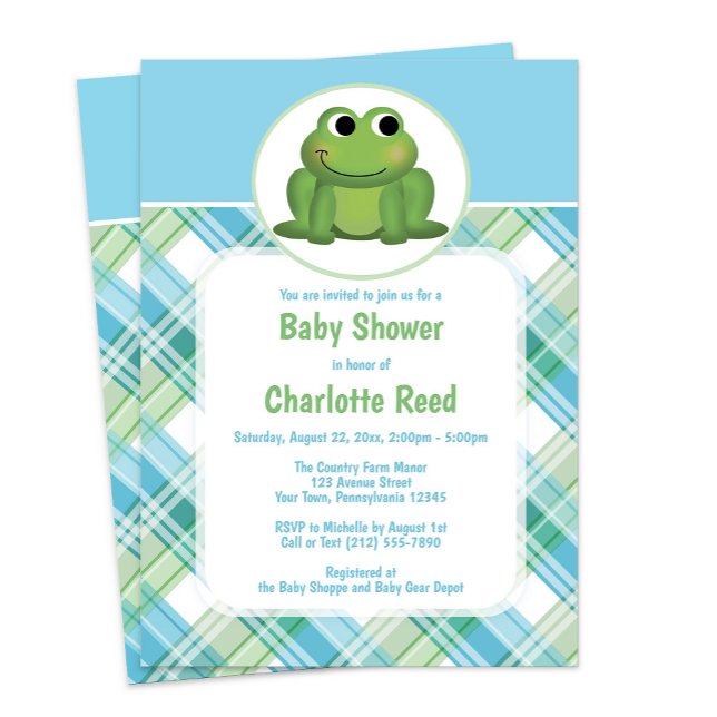Cute Frog Blue Green Plaid Baby Shower Invitations (Creator Uploaded)