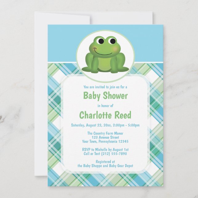 Cute Frog Blue Green Plaid Baby Shower Invitations (Front)
