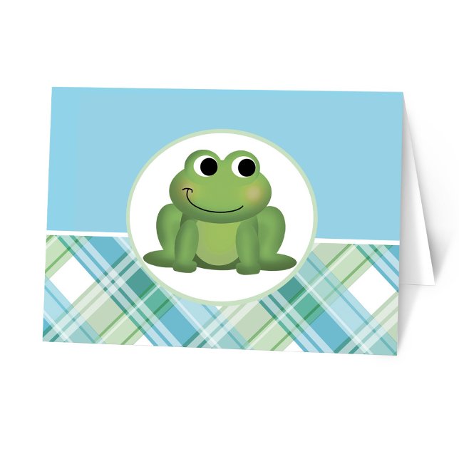 Cute Frog Blue Green Plaid Personalized Note Cards (Creator Uploaded)