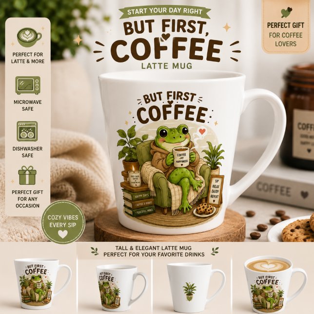 Cute Frog Coffee Lover Latte Mug | But First Coffe (Creator Uploaded)