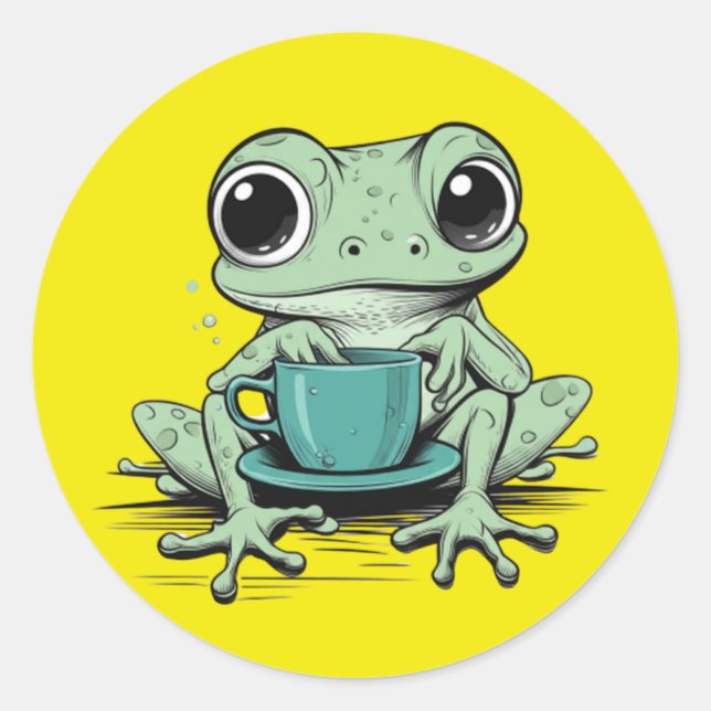 Cute Frog Coffee Round Sticker | Funny Frog (Front)