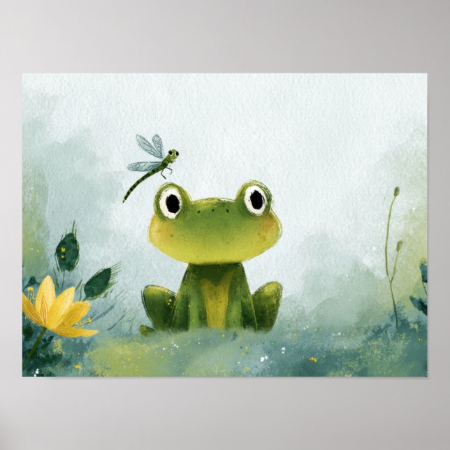 Cute Frog & Dragonfly – Soft Nature Illustration Poster (Front)