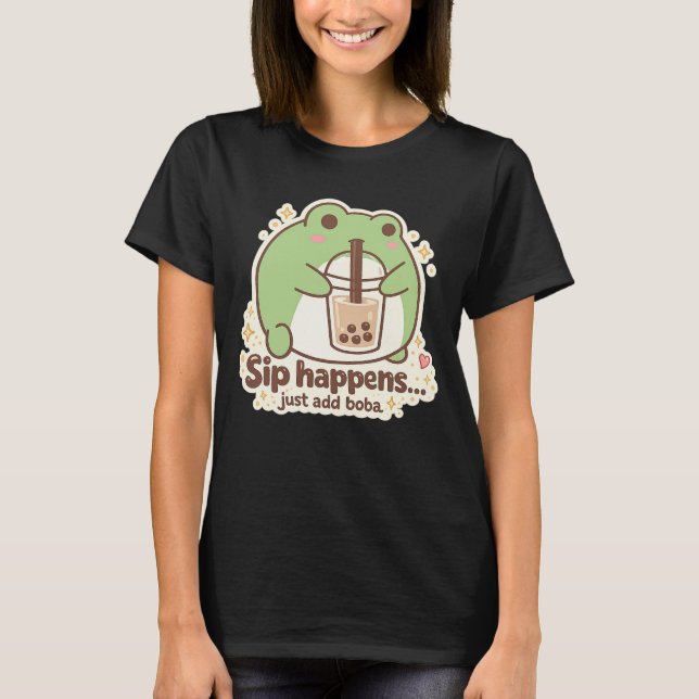 Cute FROG drinking bubble tea, boba tea T-Shirt (Front)