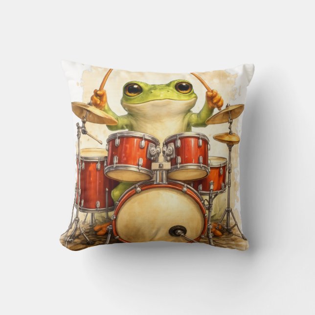 Cute Frog Drummer Throw Pillow – Fun Decor (Front)