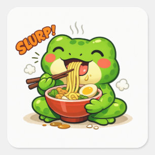 Cute Frog Eating Noodles Square Sticker
