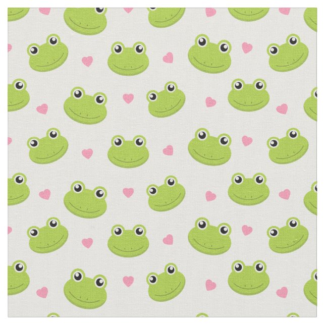 Cute Frog Faces & Hearts Pattern Fabric (Close Up)