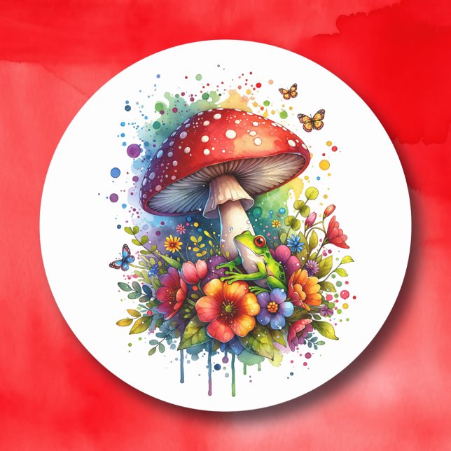 Cute Frog ,Flowers, Butterflies and Mushroom  Classic Round Sticker (Creator Uploaded)