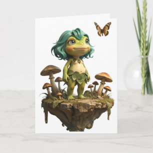 Cute Frog Girl Among Mushrooms with Butterfly Card