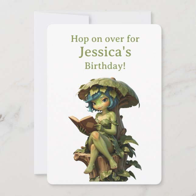 Cute Frog Girl Reading Book Under Leaf Card (Front)