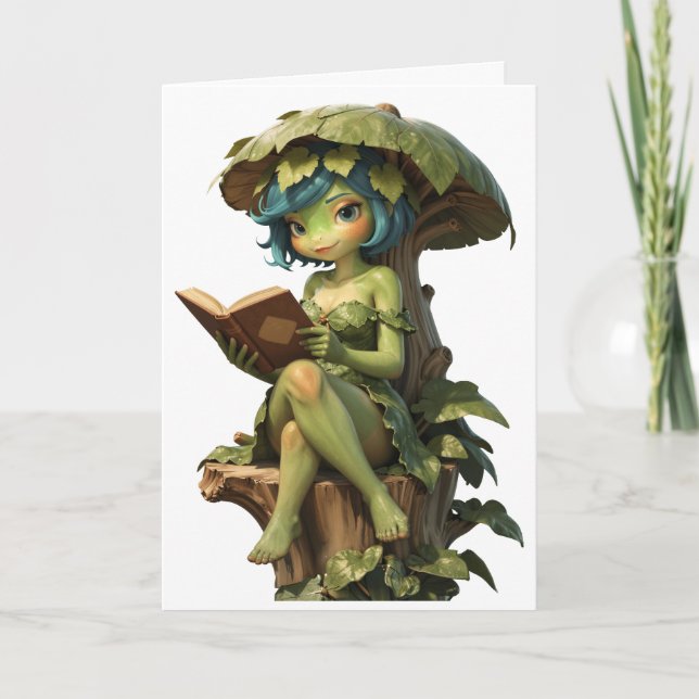 Cute Frog Girl Reading Book Under Leaf Card (Front)