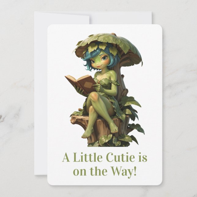 Cute Frog Girl Reading Book Under Leaf Invitation (Front)