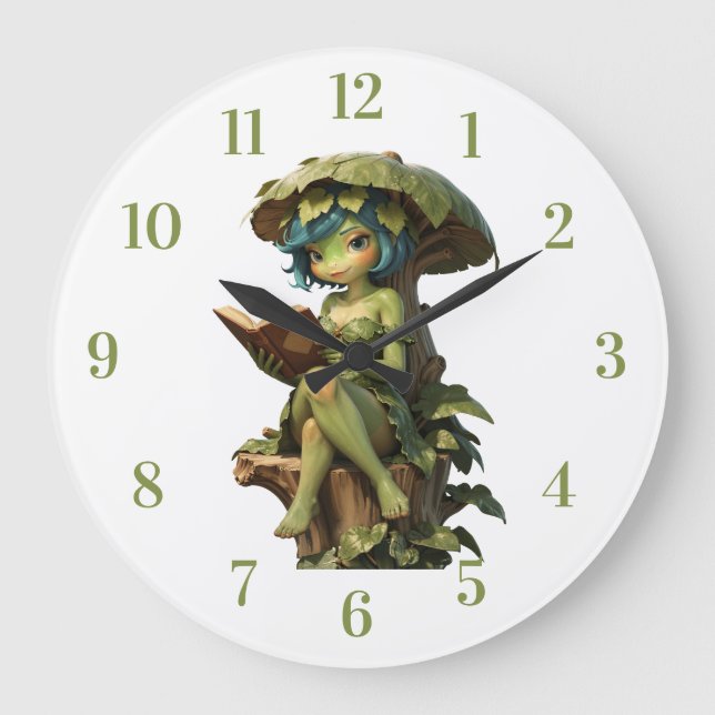 Cute Frog Girl Reading Book Under Leaf Large Clock (Front)