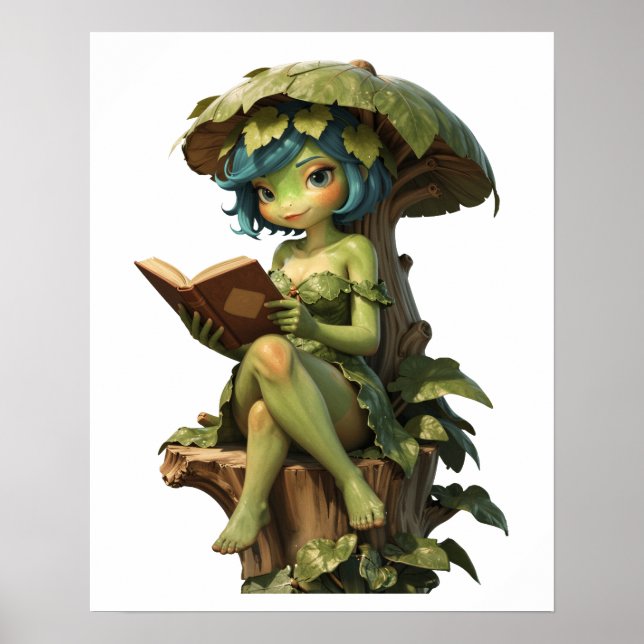 Cute Frog Girl Reading Book Under Leaf Poster (Front)