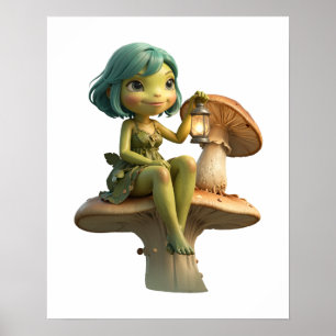 Cute Frog Girl with Lantern on Mushroom Poster