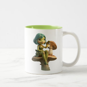 Cute Frog Girl with Lantern on Mushroom Two-Tone Coffee Mug