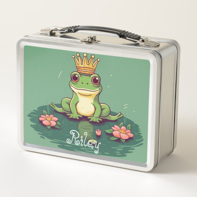cute frog green custom name metal lunch box (Front)