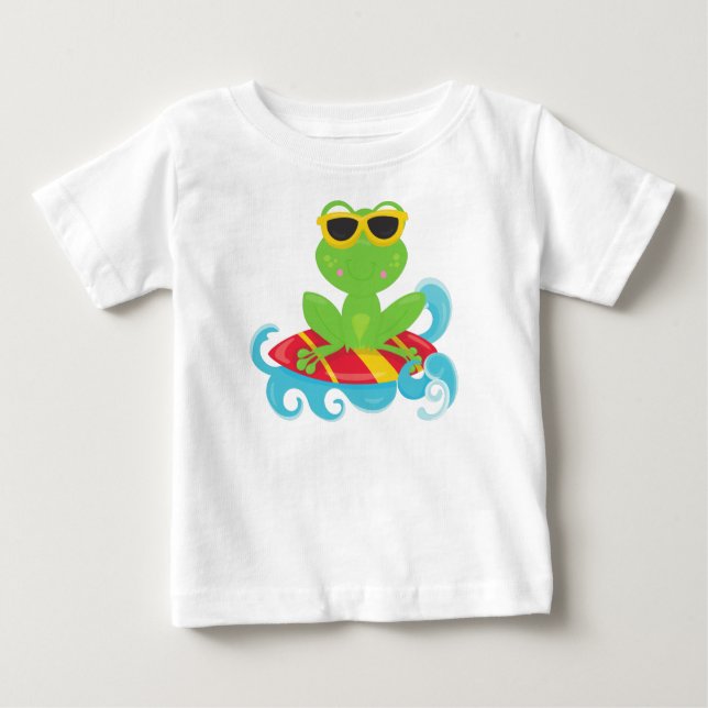 Cute Frog, Green Frog, Little Frog, Surfing Board Baby T-Shirt (Front)