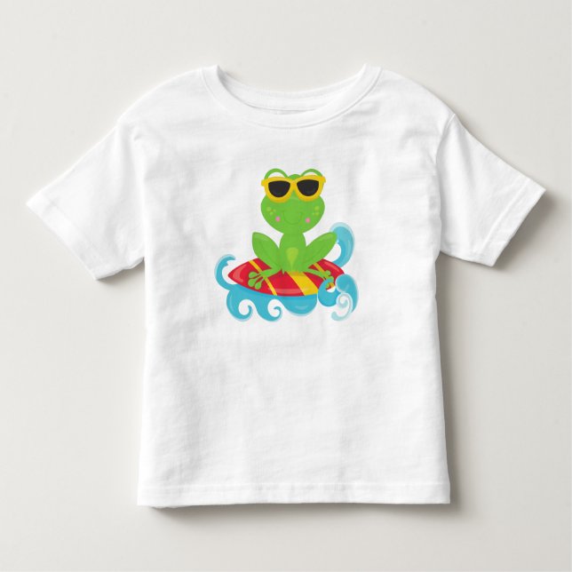 Cute Frog, Green Frog, Little Frog, Surfing Board Toddler T-Shirt (Front)