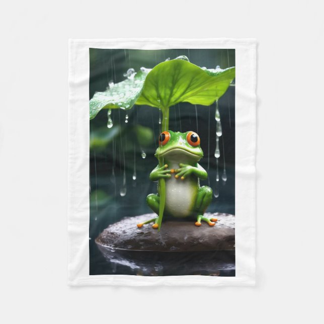 Cute Frog Holding Leaf Umbrella in Rain Fleece Bla Blanket (Front)