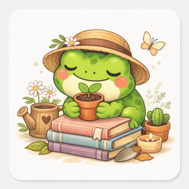 Cute Frog Holding Plant Pot Square Sticker (Front)